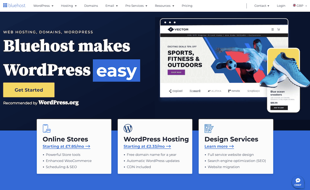 The Bluehost UK homepage.