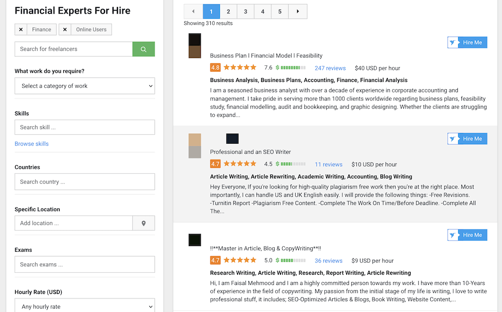The profile list on Freelancer.