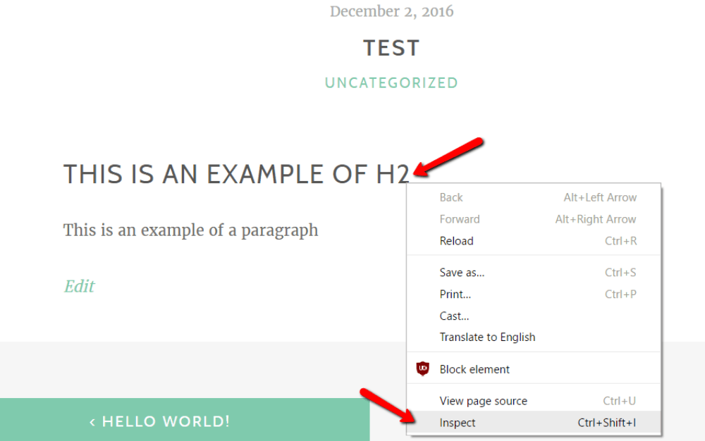 Right-clicking on an element in a live post and clicking Inspect