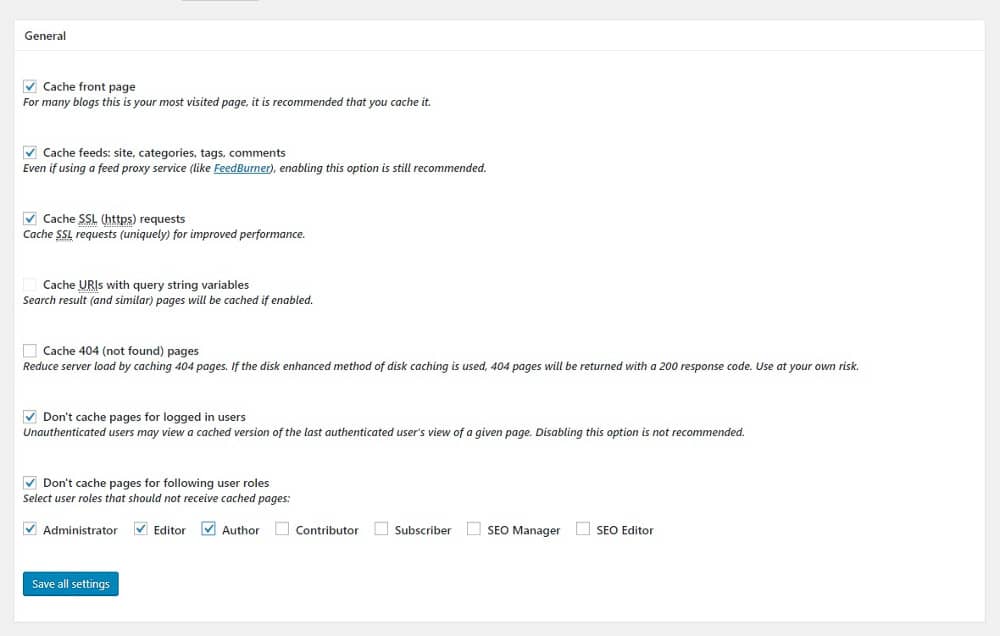 Plugin menu: Page cache.