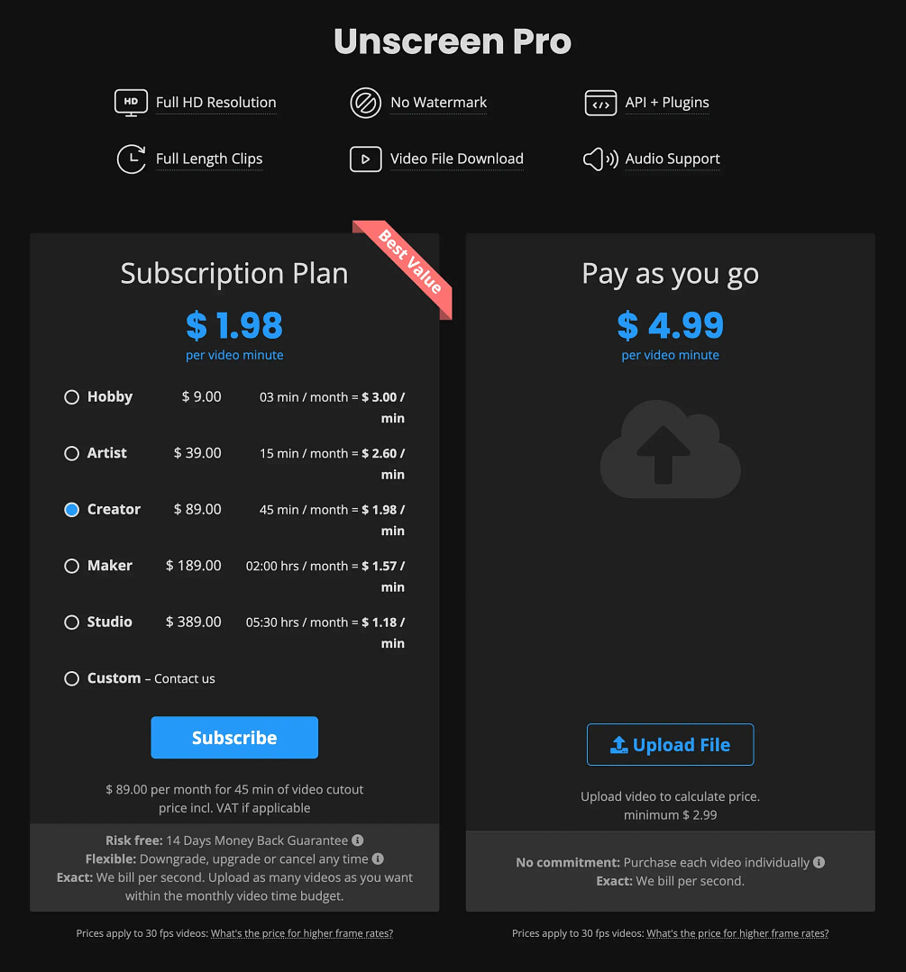 Unscreen Pro plans.