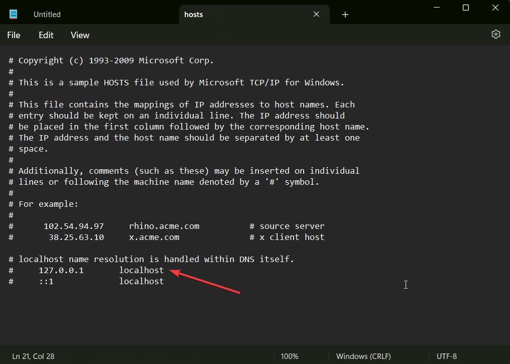 finding localhost in hosts file - dns_probe_finished_nxdomain fix