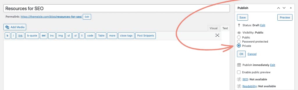 Set page to private in Classic Editor for WordPress.
