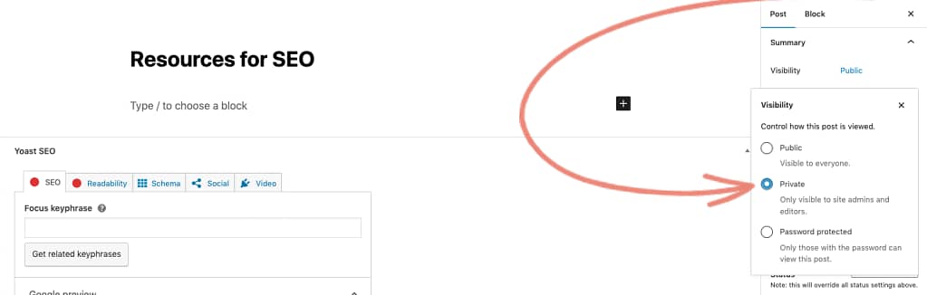 Set page to private in Block Editor for WordPress.