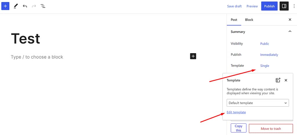 Editing a WordPress template. 