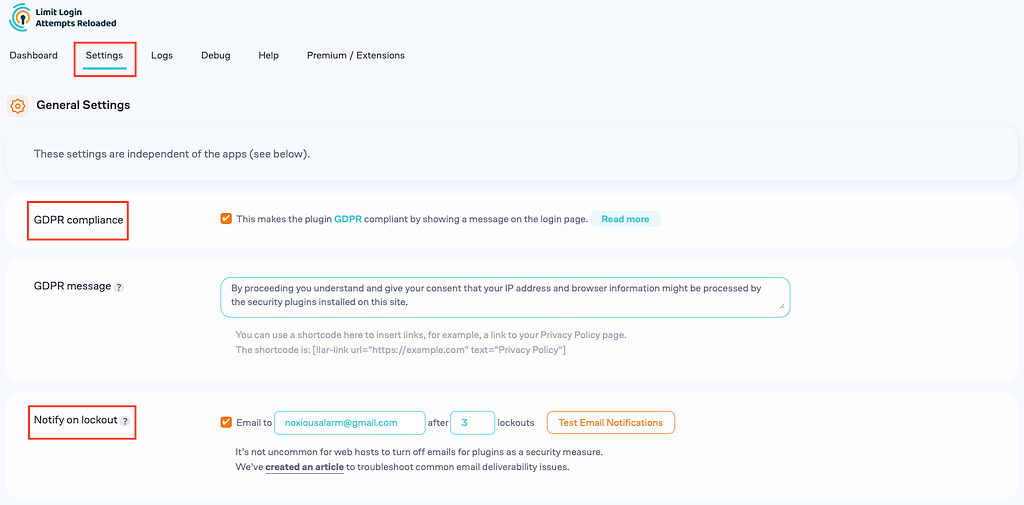 Image of Limit Login Attempts Reloaded Settings Page