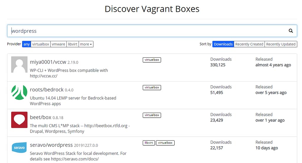 Несколько примеров коробок Vagrant WordPress.