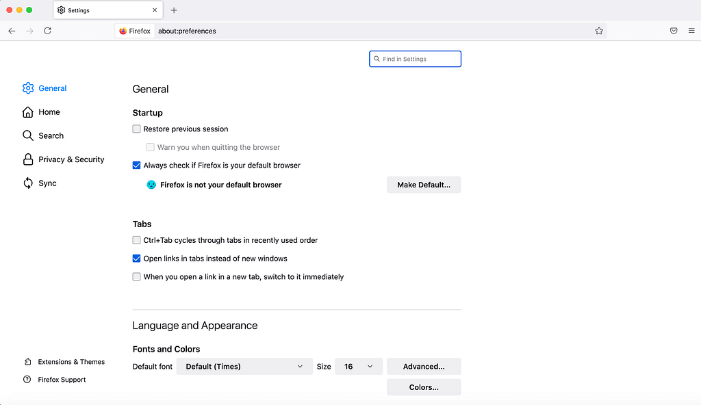 The Mozilla Firefox Preferences tab.