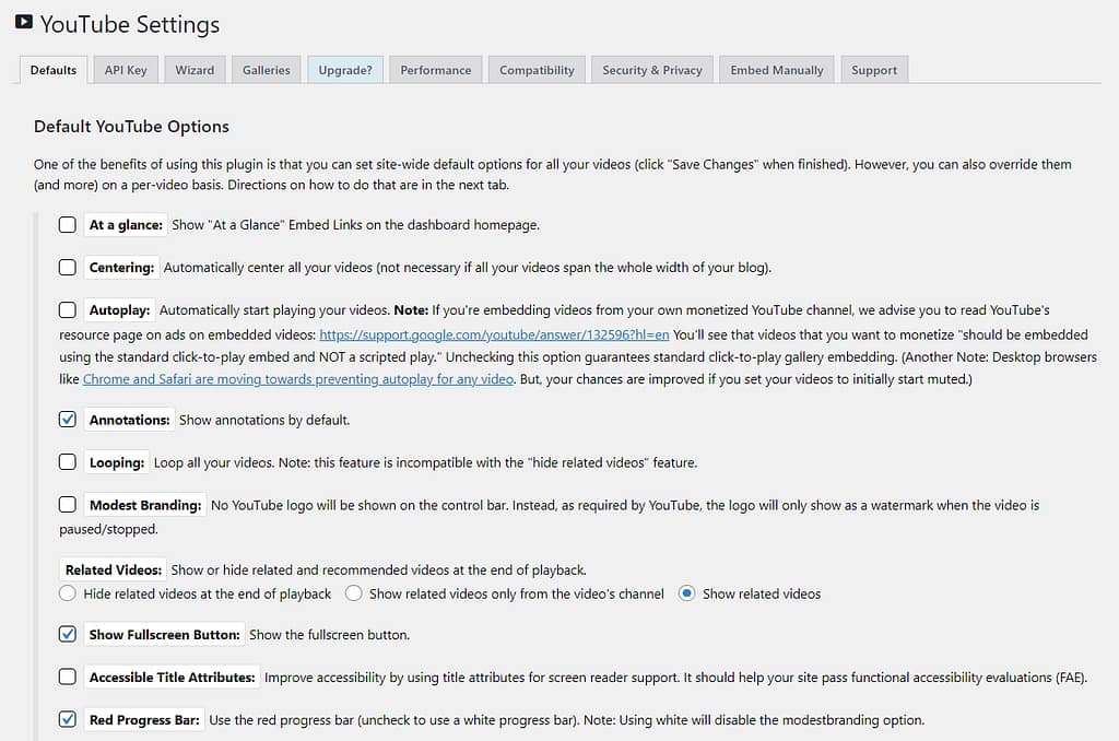 The Embed Plus YouTube plugin's settings screen