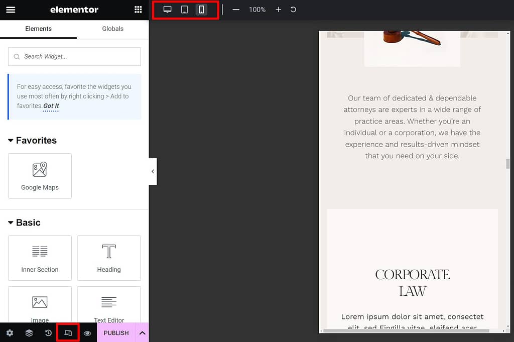 Responsive previews in Elementor