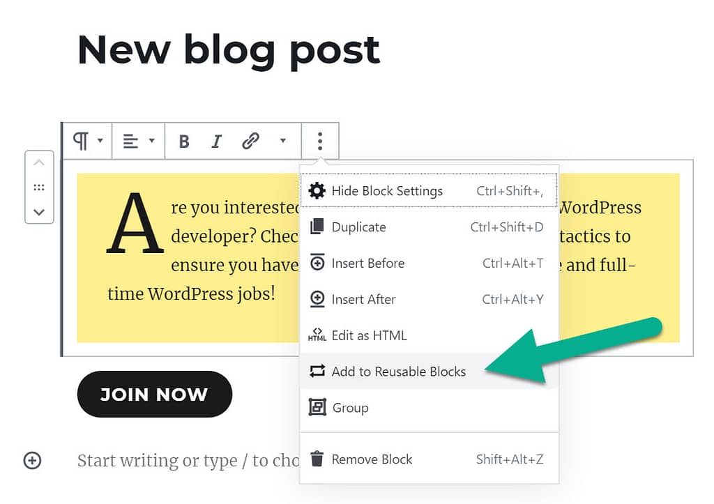 add to WordPress reusable blocks