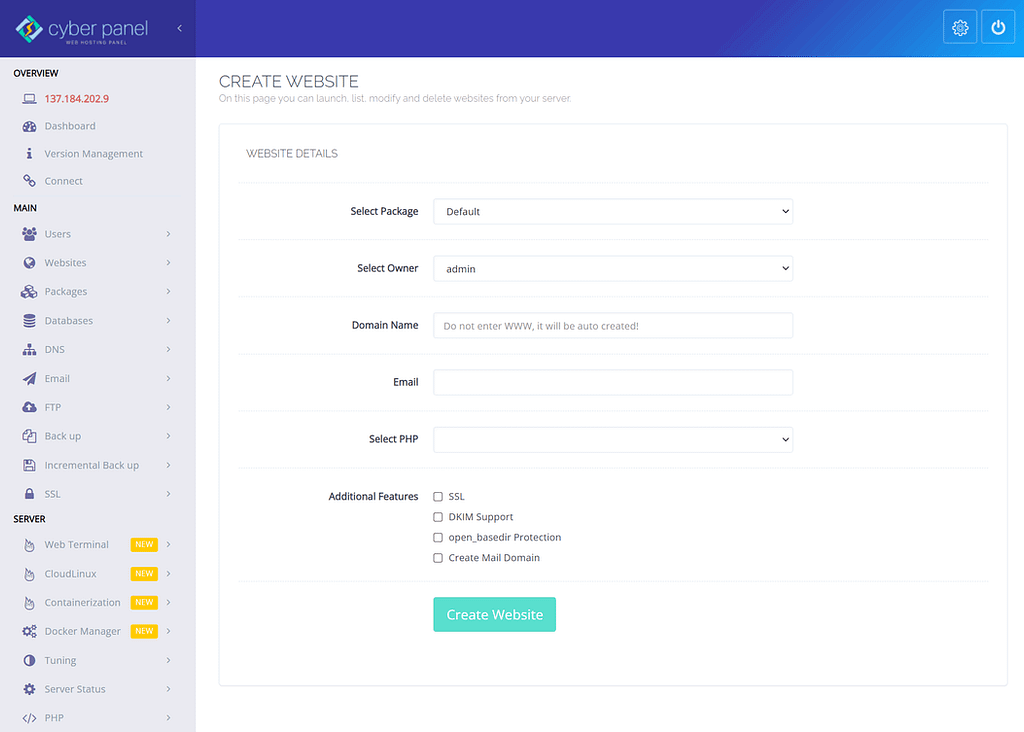 Creating a CyberPanel website