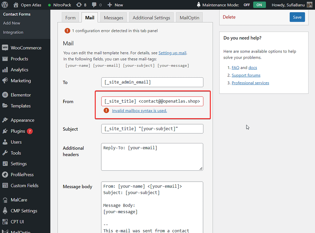 invalid mailbox syntax error contact form 7