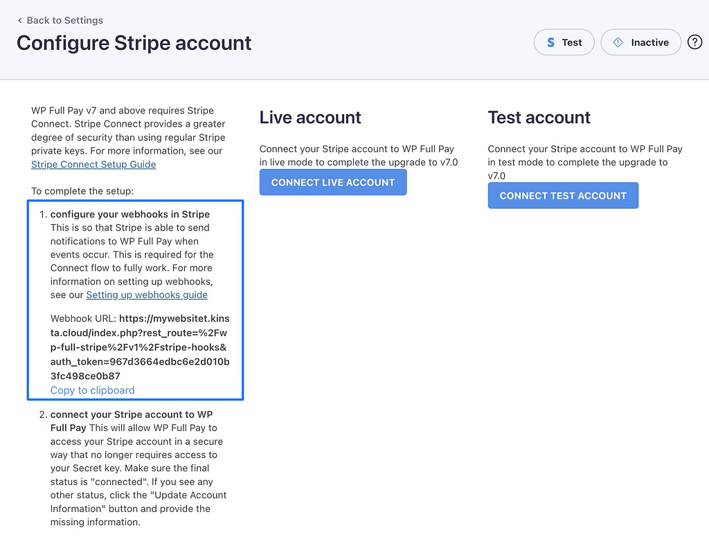 Page to configure Stripe account and webhooks