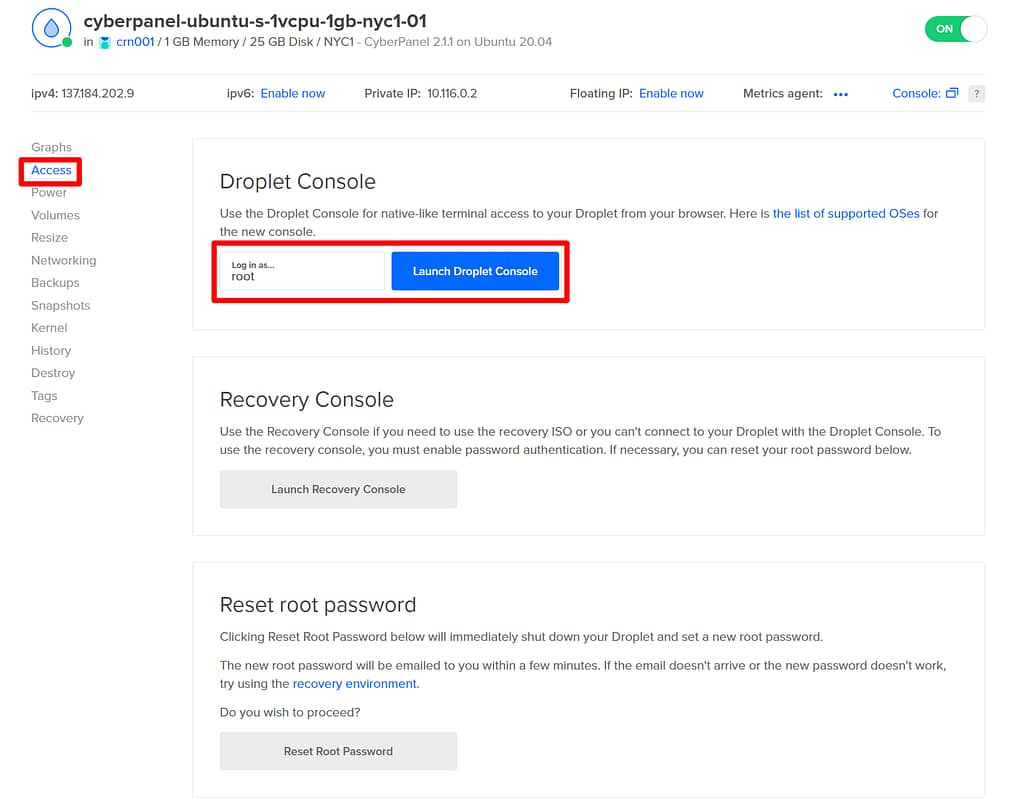 DigitalOcean console