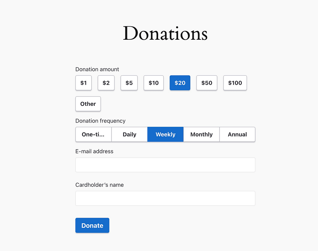 Donation form with fields for donation amounts and frequencies