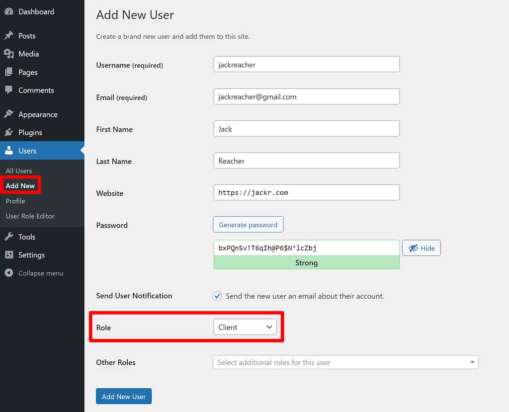 Create a client account with the new user role