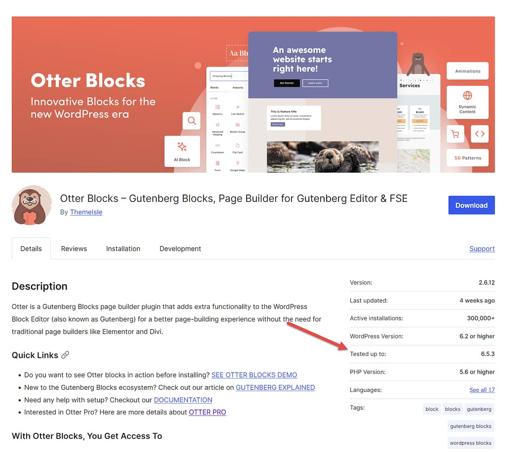 Otter Blocks WordPress.org page with an arrow pointing to the 