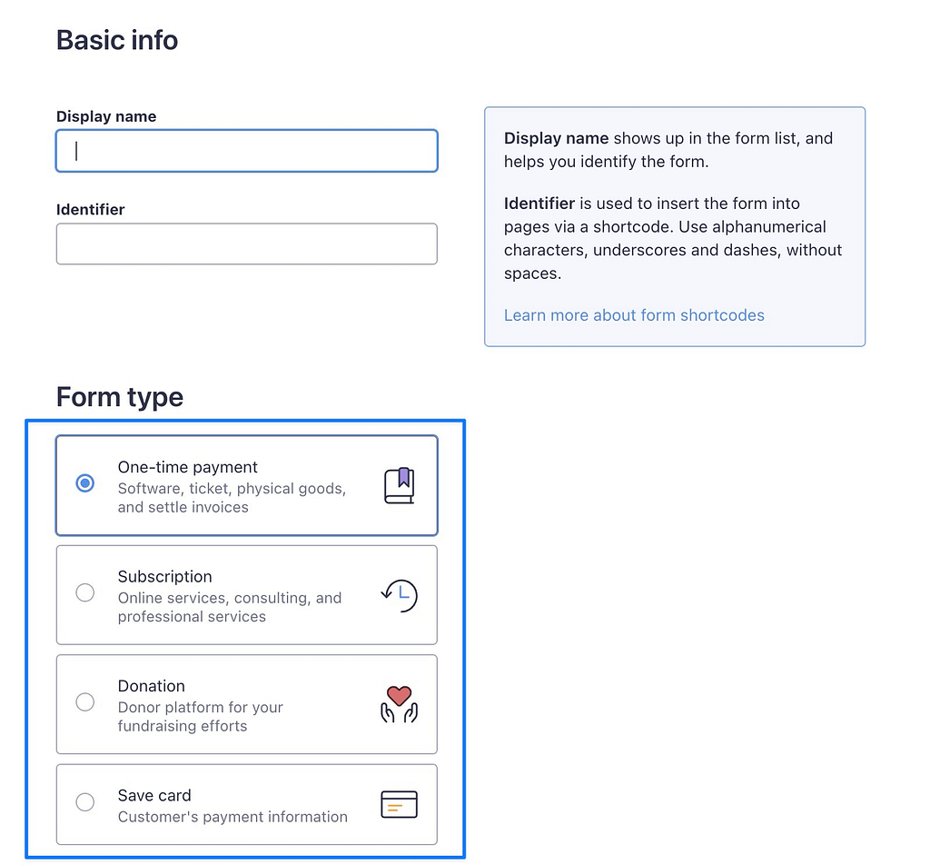 The four forms types from WP Full Pay - one-time payment, subscription, donation, and save card