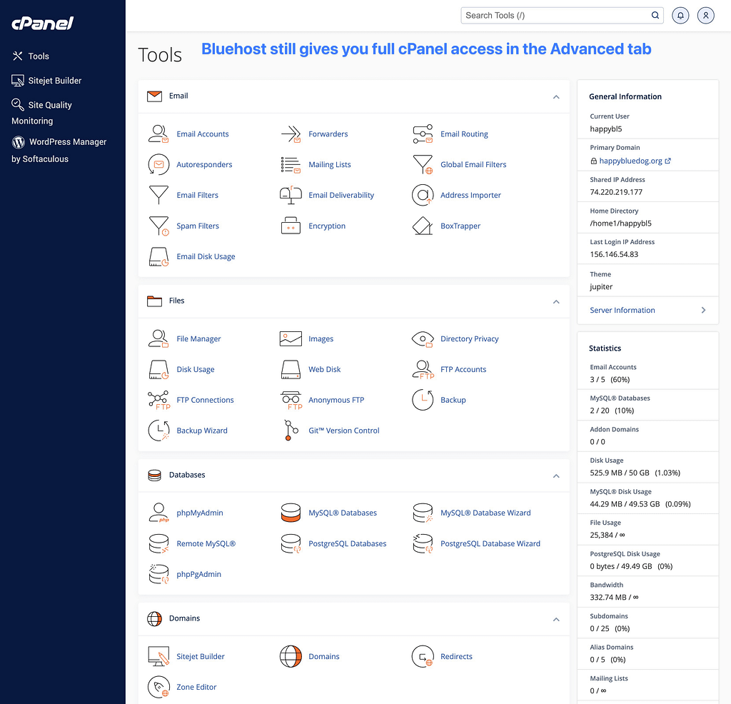 Bluehost full cPanel access.