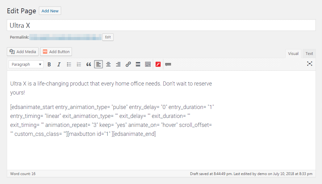 The Animate It! code in the WordPress editor.