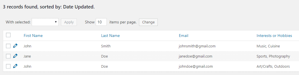 An example of a WordPress customer database.