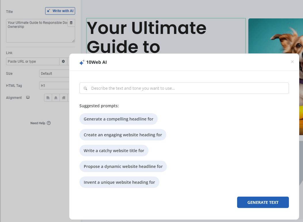 Generating text using AI as part of our 10Web AI Builder review.