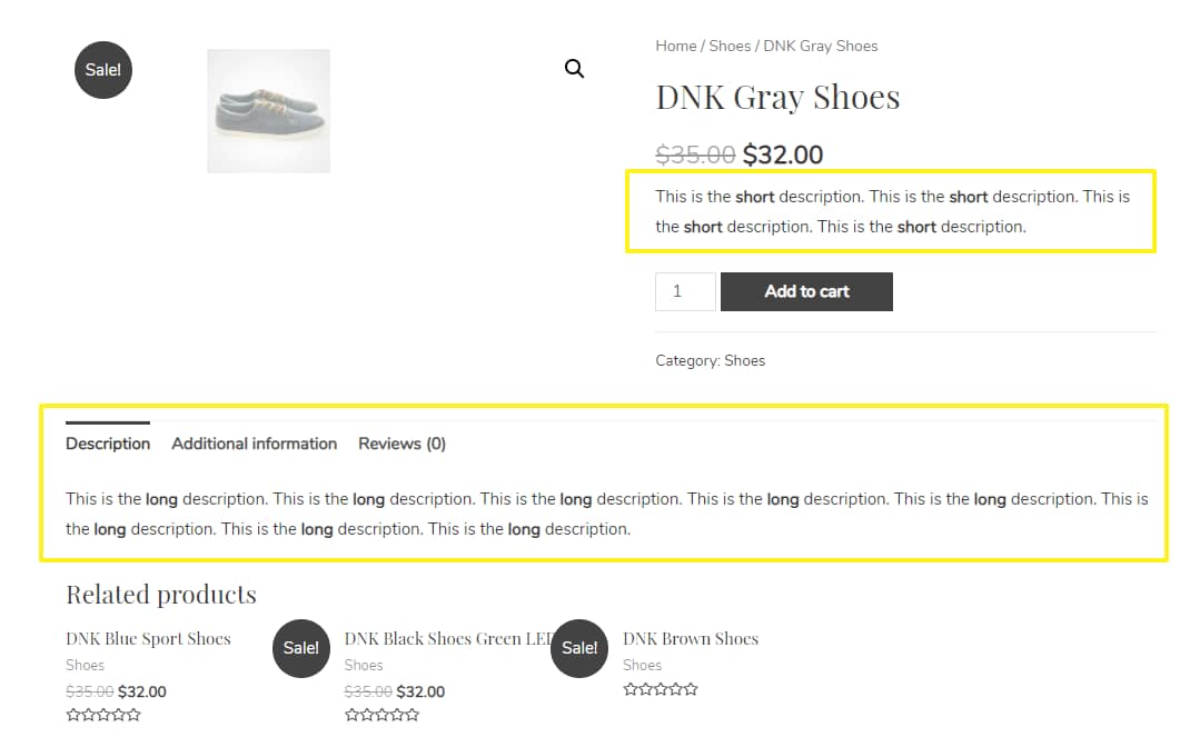 long vs short description on WooCommerce product page