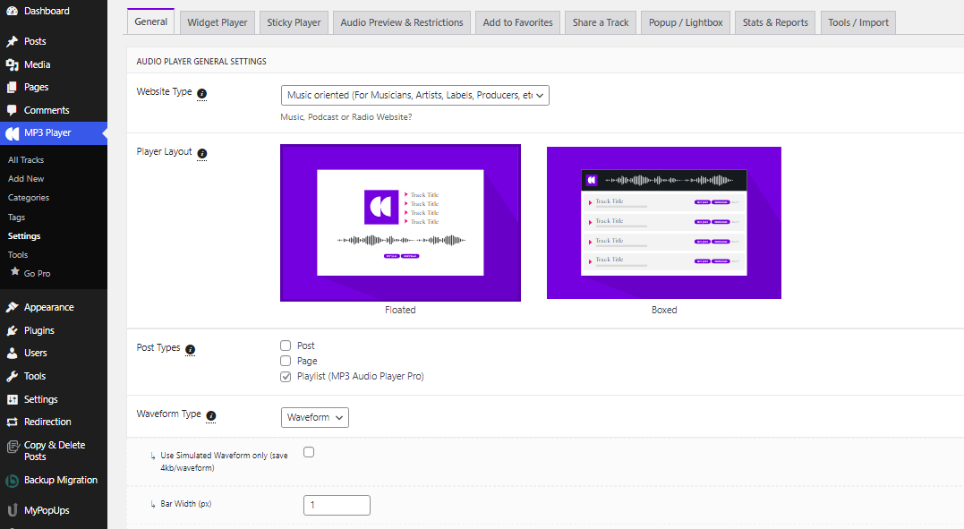 MP3 Audio player settings - WordPress audio player plugins