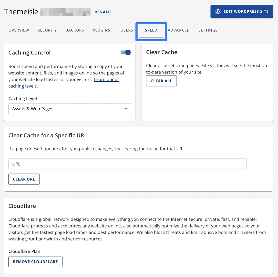 Bluehost dashboard speed section