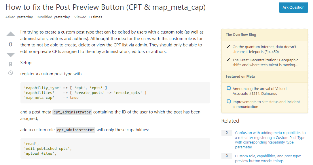A user's post in WordPress Development forum