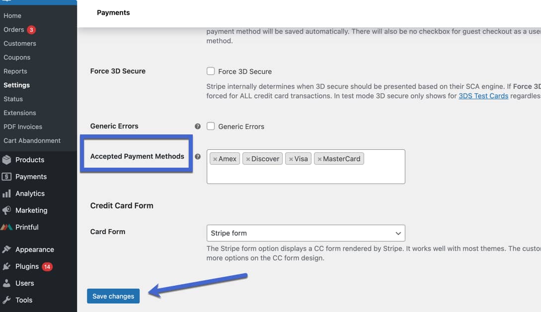 save changes for WooCommerce Stripe