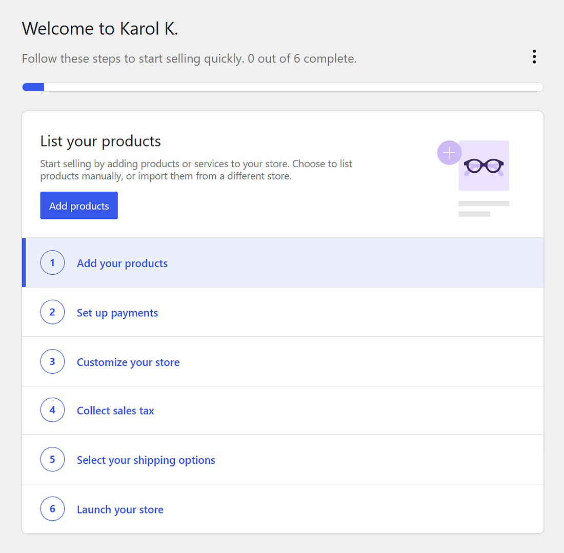WooCommerce starter wizard with basic store setup options
