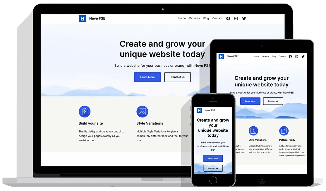 Neve FSE block theme mockup for desktop, tablet, and mobile devices.