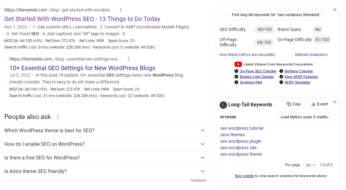 Keywords Everywhere plugin results