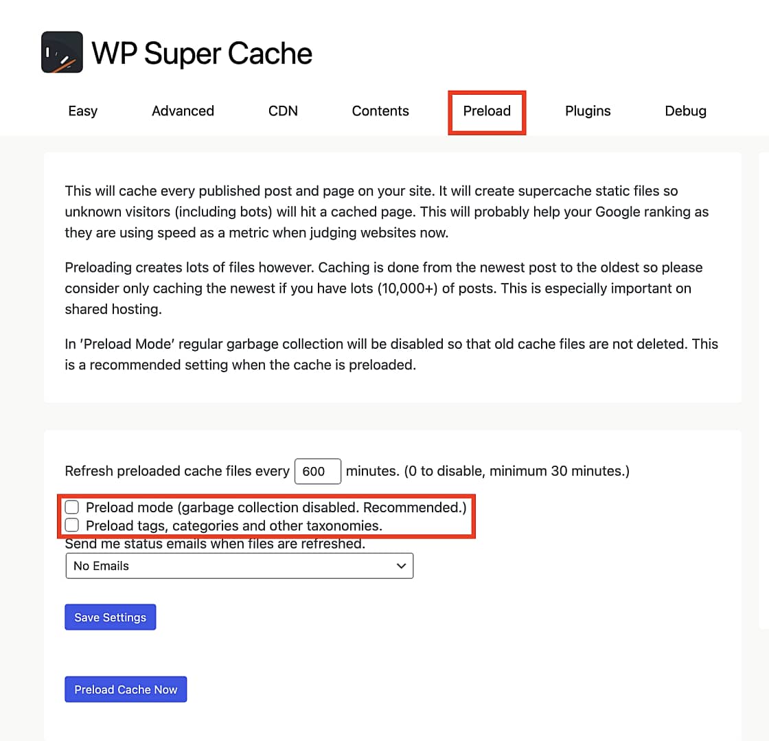 Setting preload in the WP Supercache settings.