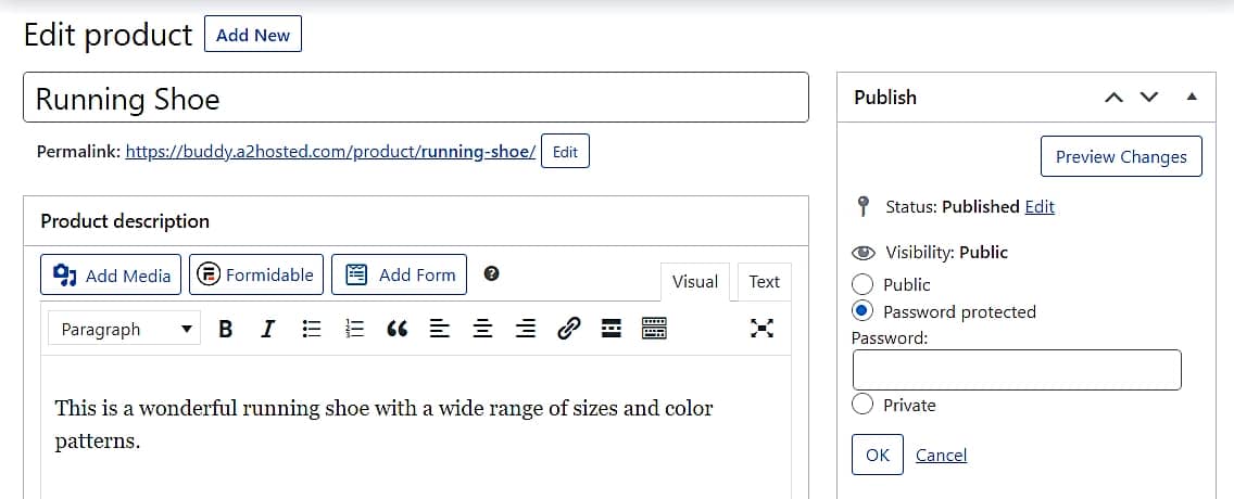 Editing a WooCommerce product to change the privacy settings.