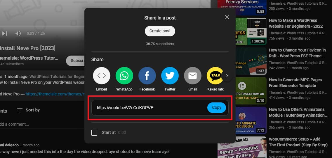 Copying the share link from a YouTube video