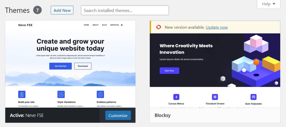 Installed themes in WordPress.