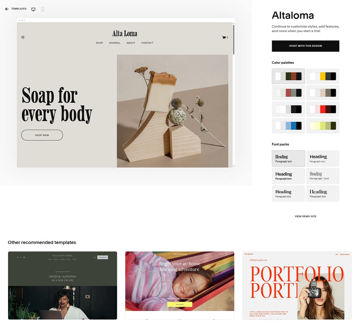 Squarespace template gallery with the Start With This Design option