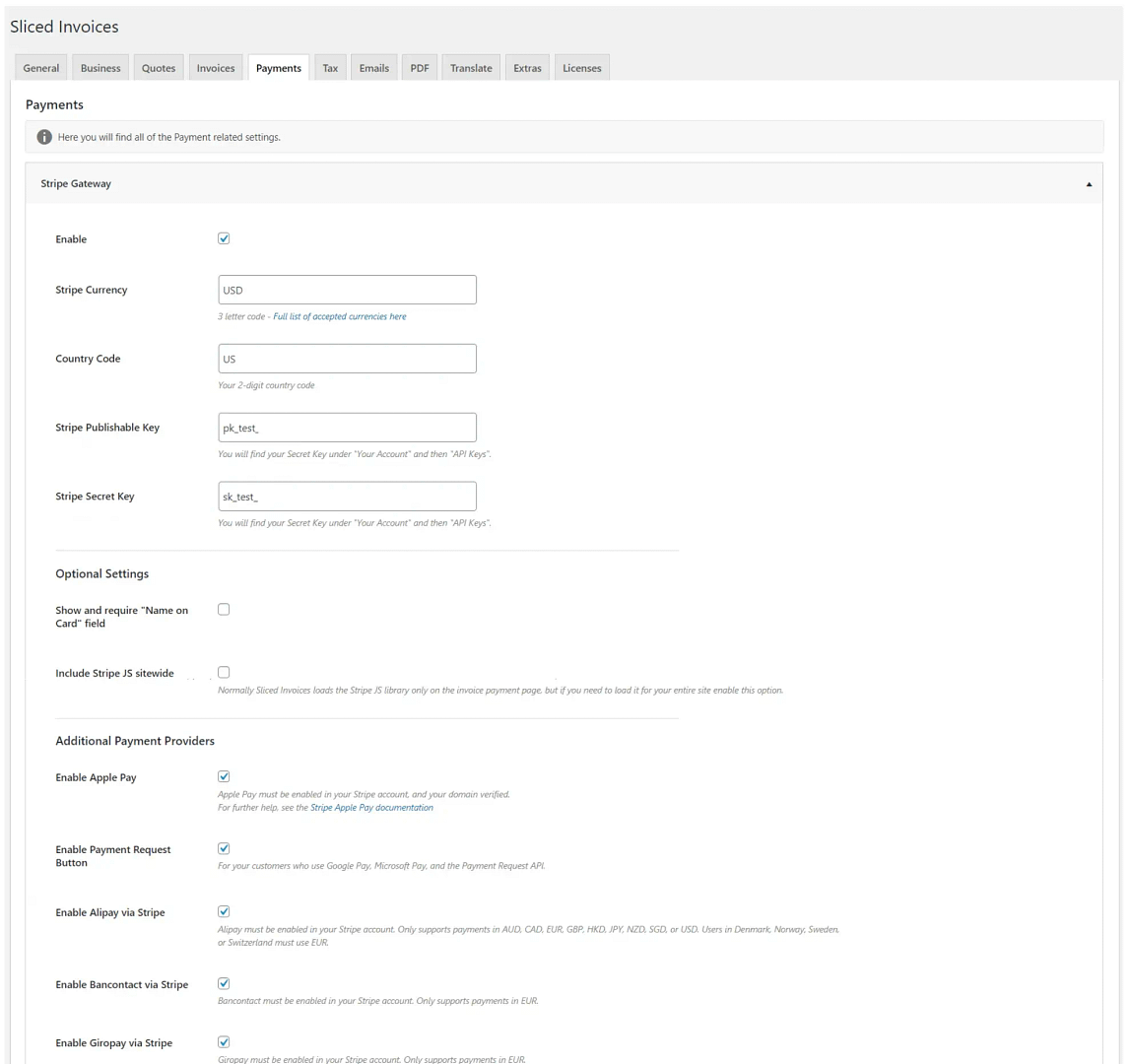 Sliced Invoices Stripe Extension interface.