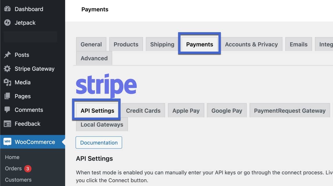 api settings for WooCommerce Stripe