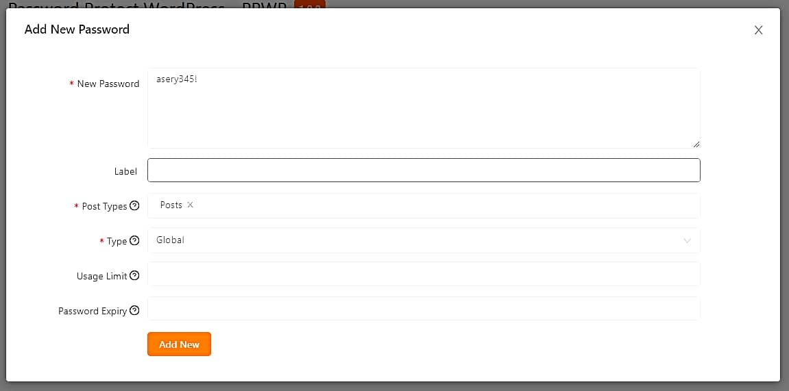 Adding a new password inside the Password Protect WordPress plugin