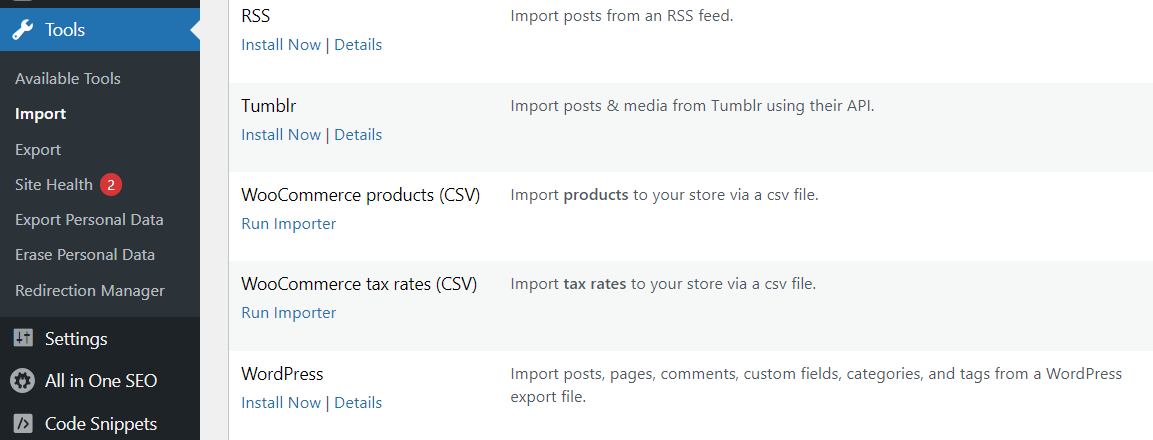Installing the WordPress importer.