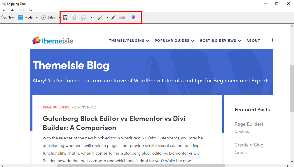 Snipping tool options.