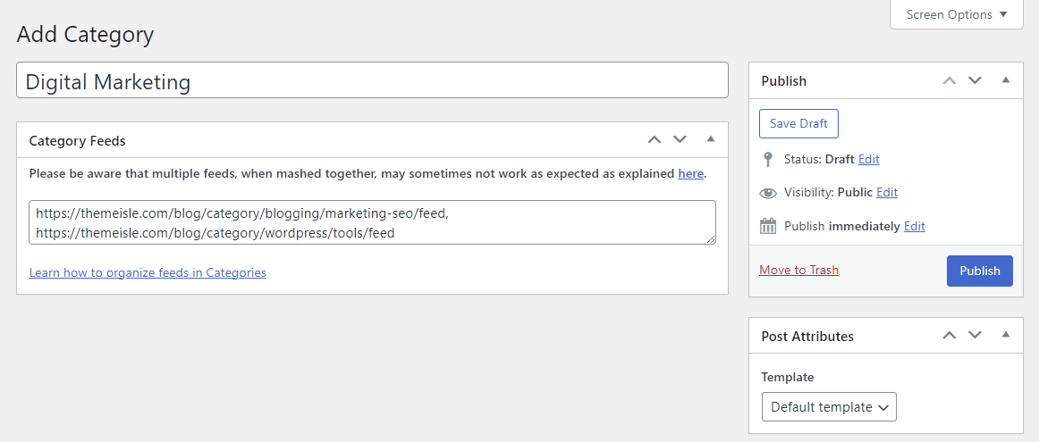 Adding the WordPress category RSS feeds to Feedzy.