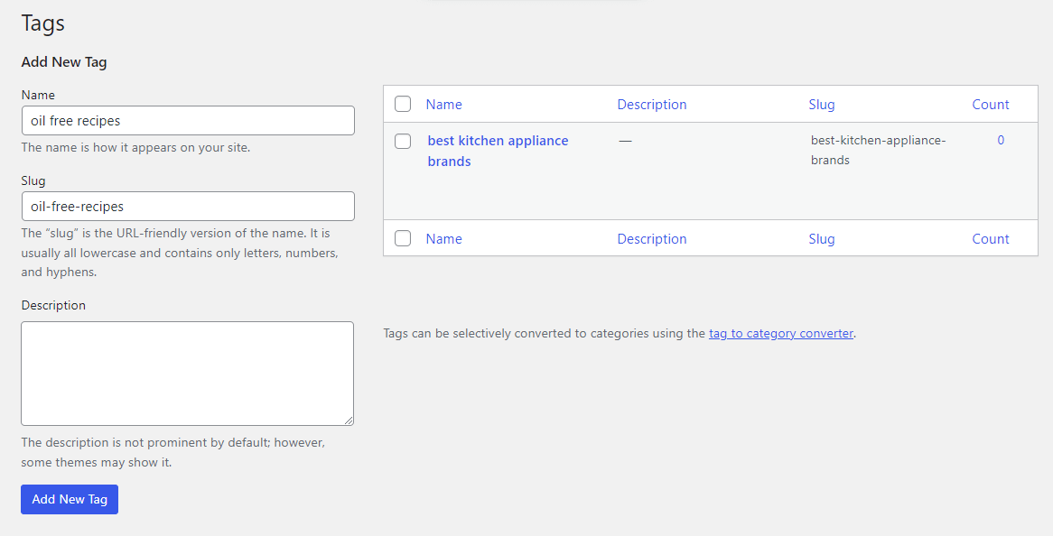 Creating tags in WordPress.