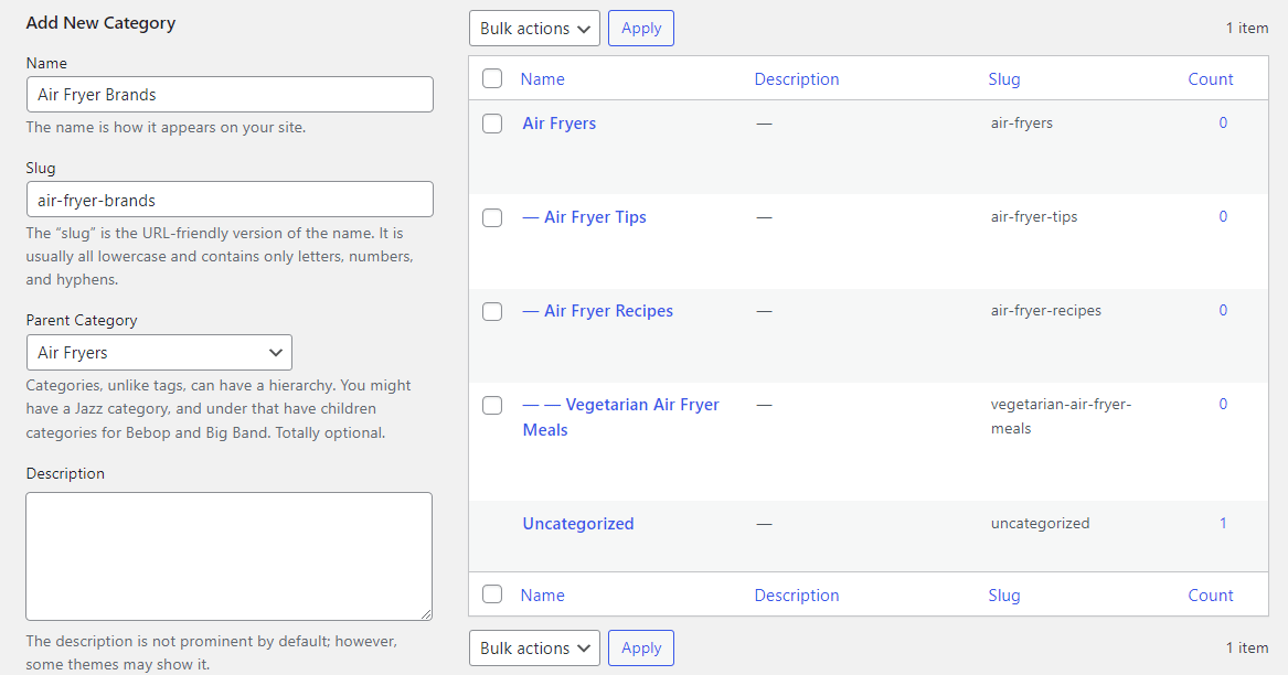 Silo structure setup: creating categories in WordPress.