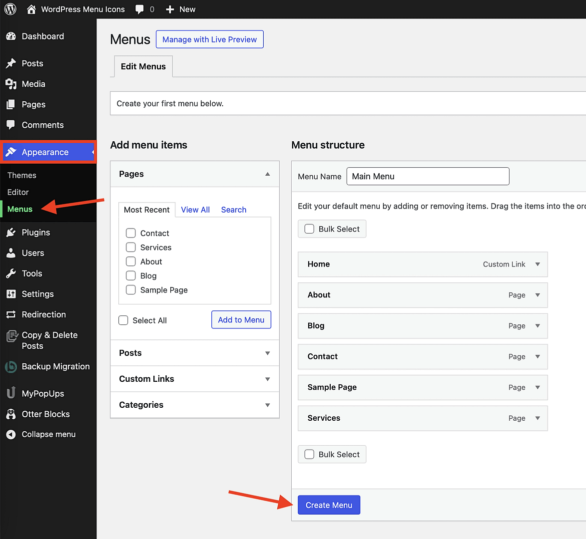 Creating a classic menu in the WordPress dashboard.