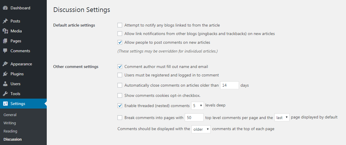 WordPress pingbacks and trackbacks settings.
